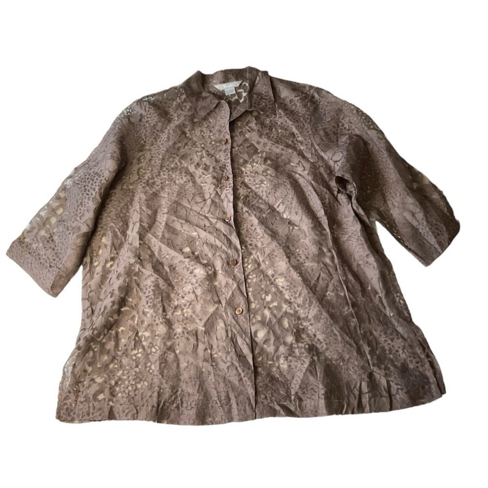 TanJay Button Top Sheer Lightweight Mesh Womans XL Floral Brown 3/4 Sleeve
